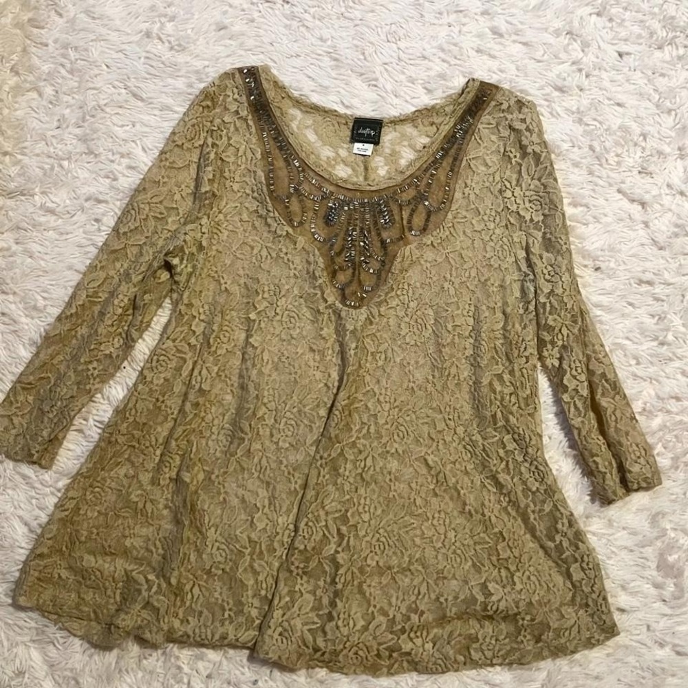 Boho Beaded Whimsical Fairy Core Sheer Lace Delicate Top Womens M Earthy Goddess
